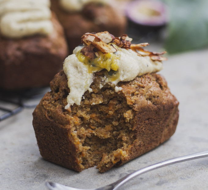 Mini Carrot Cake Loaves with Passion Fruit Cashew Cream